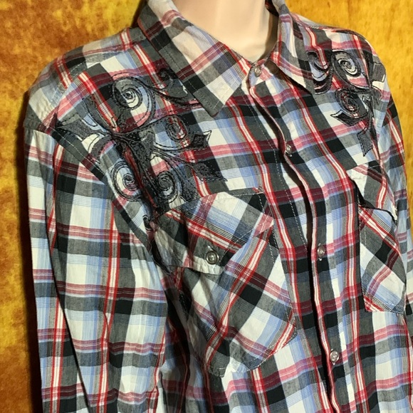 POP ICON-plaid flannel long sleeve stitch-embroidered design button-up shirt - Picture 4 of 10